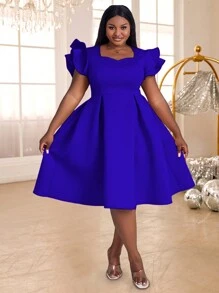 Plus Size Spring Blue Easter A Line Party Short Ruffles Sleeves Square Collar Elegant Knee Length Graduation Outfit Dresses For Birthday, Wedding Guest, Graduation, Dinner, Homecoming - Blue - View 3