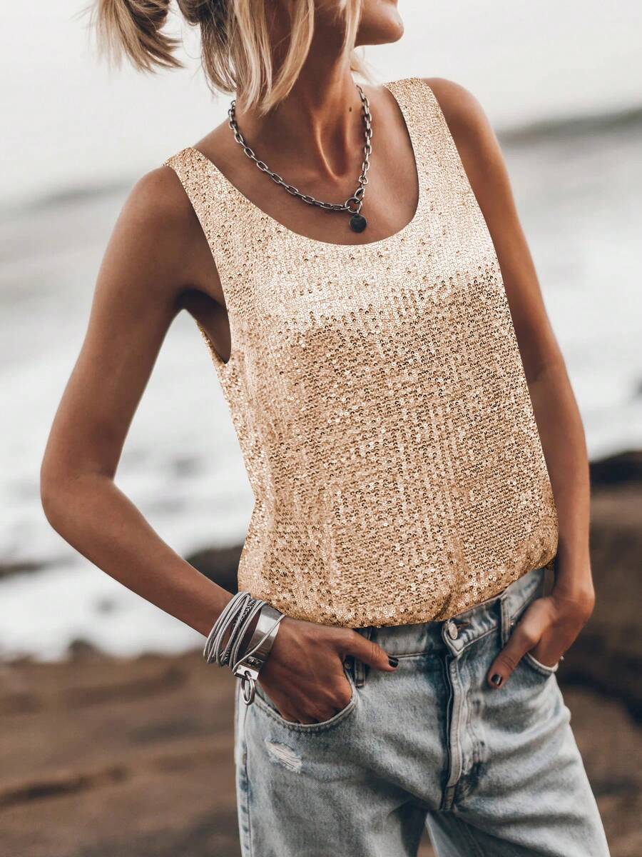 夏季欧美风女式加大码宽松休闲背心，圆领无袖亮片装饰性感上衣 - 金色 - 查看 1