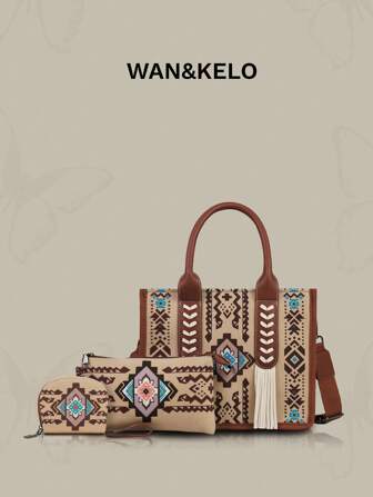3pcs/Set Boho Tassel Decorated Large Capacity Vintage  Pattern Tote & Shoulder Bag, Suitable For Holiday Travel And Gift