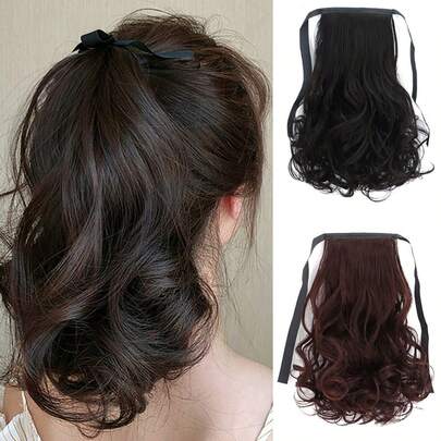 女士假发短卷发马尾辫绷带式大波浪短假发马尾辫短马尾辫，夹式梨形卷中长假发辫，自然逼真。