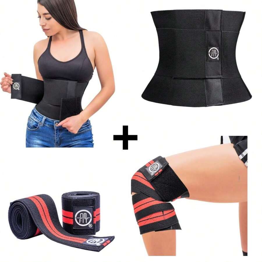 Set Shaping Girdle And Pair Of Elastic Knee Pads In Red For Glute And Leg Training Colombian Waist Shaper  Sports 3  Straps Daily Use Slimming Abdomen High Quality NB FIT Corset Body Girdle Abdominal Control Reducing Girdles For Women Adjustable Elastic Training Belt Pair Of Knee Pads Knee Bandages Elastic Knee Wraps Gym Crossfit Fitness High Quality Premium Protection Squats Weight Lifting Exercise