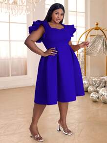 Plus Size Spring Blue Easter A Line Party Short Ruffles Sleeves Square Collar Elegant Knee Length Graduation Outfit Dresses For Birthday, Wedding Guest, Graduation, Dinner, Homecoming - Blue - View 4