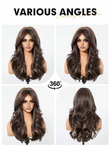 24 Inch Long Wavy Wigs With Bangs Dark Roots Brown Wigs For Women Brown Ombre Hair With Blonde Wigs,Heat-Resistant Synthetic Wigs For Daily Party Cosplay Wigs - 挑染棕色 - 查看 8