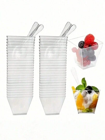 50pcs Transparent Plastic Dessert Cups And 50pcs Square Jelly Cups With Spoons, Reusable Mini Dessert Cups, Party Supplies, Mousse Cake Cups, Pudding Cups, Party Supplies, Outdoor Travel And Picnics