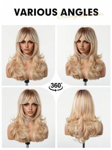 24 Inch Long Wavy Wigs With Bangs Dark Roots Brown Wigs For Women Brown Ombre Hair With Blonde Wigs,Heat-Resistant Synthetic Wigs For Daily Party Cosplay Wigs - Tóc vàng ombre - Xem 7