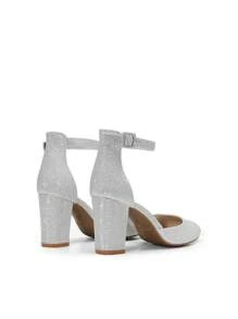 Women's Ankle Strap Closed Toe Chunky Heel Pumps Low Block Round Toe Solid Color Heels Elegant Bridal Wedding Dress Pumps Shoes - Bạc - Xem 6