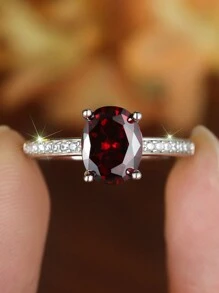 1pc S925 Sterling Silver Red Oval Cut Engagement Ring, Women's Fashion Ring, Wedding Ring, Anniversary Gift - Ring - View 5