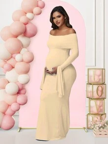 Maternity Long Sleeve Solid Color Off-Shoulder Dress For Baby Shower Photoshoot Party - 杏色 - 查看 5