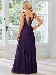 EVERPRETTY Spring Solid Color Minimalist Ruched Backless Criss-Cross Deep Purple Bridesmaid Dress Wedding Guest Gown For Wedding - Purple - View 3