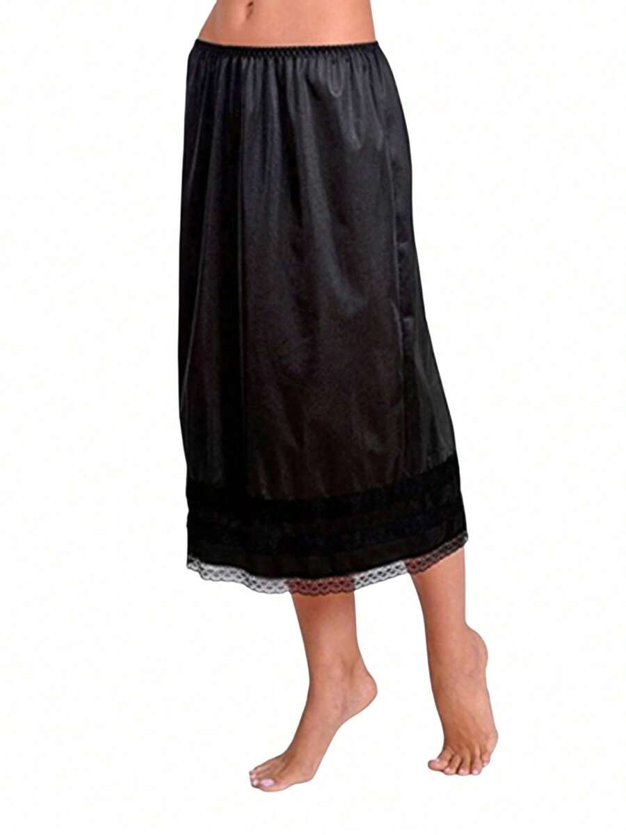 Women's Half Slips Underskirt For Under Dresses Slip Solid Lace Trim Satin Underskirt Inner Lining Short Mini Skirt - 黑色 - 查看 1
