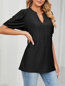 Women's V-Neck Casual Solid Color Elegant Hollow Out Puff Sleeve Loose Fit T-Shirt For Commuting, Spring & Summer