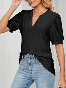 Women's V-Neck Casual Solid Color Elegant Hollow Out Puff Sleeve Loose Fit T-Shirt For Commuting, Spring & Summer
