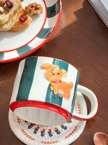 1pc Limited Edition Vintage Donkergroene Handgeschilderde Relief Bell Puppy Mok, Koffie/Thee Kopje & Ontbijtbord Cadeau