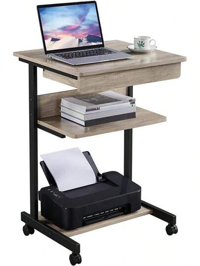 Topeakmart Mobile Compact Computer Desk Cart Small Spaces, Work Workstation, Writing Desk Table With Drawers And Printer Shelf On Wheels