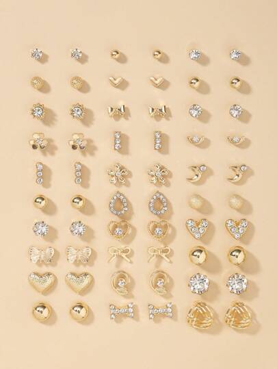 60pcs Fashion Metal Butterfly, Heart, Rhinestone, Moon, Bow Knot, Flower Stud Earrings Set, Jewelry Gift, Suitable For Women's Daily Wear