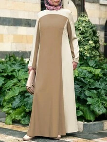 Neuer Frühling 2026 Mittlerer Osten Stil Lässiges Langkleid für Frauen, Beige & Hellbraun Farbblock Rundhals, Elegant für tägliche Ausflüge & leichte gesellige Anlässe