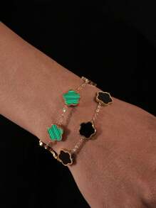 1 件/2 件套装男士黑白花卉个性化堆叠手链套装，不锈钢不褪色手链 - 黑綠 - 查看 11