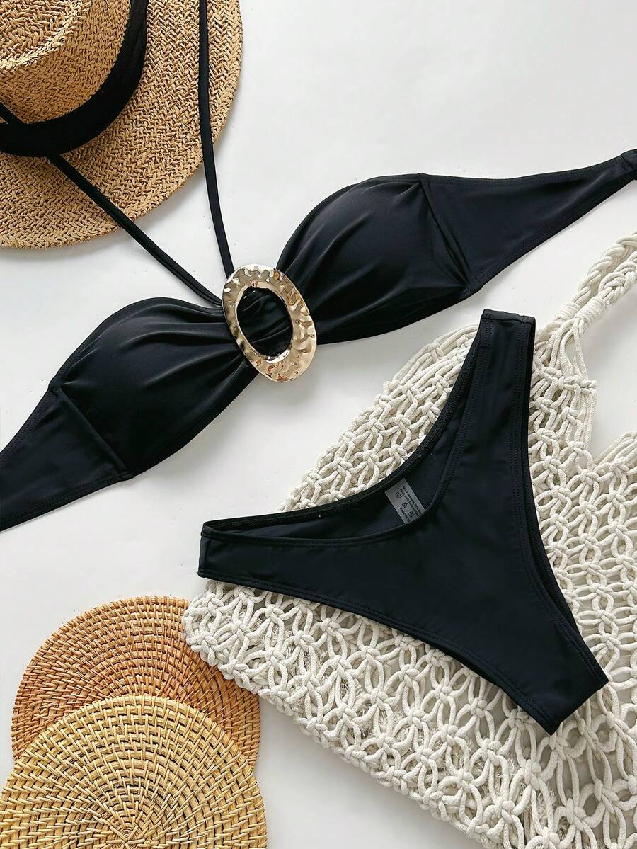 Women's Solid Color Bikini Two-Piece Set, With Metal Accessories In The Middle, Suitable For Summer Swimming Vacation - Black - View 1
