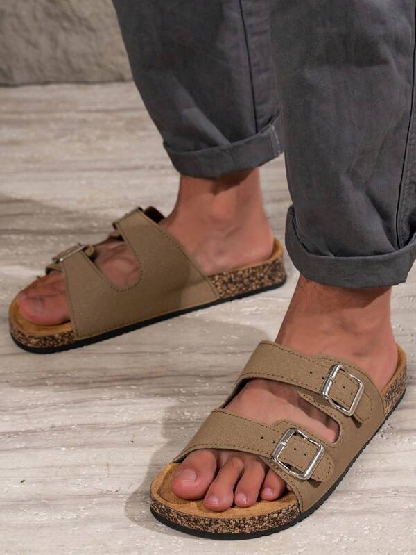 Unisex Casual PU Leather Upper Double Stripe Wood Grain Sole Breathable Slip-On Sandals, Comfortable Flat Slippers For Summer, Spring & Autumn