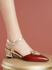 Red Pointed Toe High Heels For Women, Thick Heels Fashion Ankle Strap Closed Toe Pumps