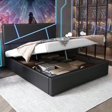 Comfortable Upholstered Bed With Light Strips, 140*200 Cm, Double Bed With Slatted Base, Backrest, Hydraulic Functional Bed, Synthetic Leather, Black - 黑色 - 查看 1