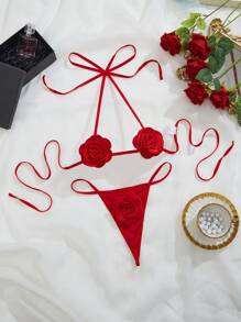 2pcs/Set Customized Letter Lace Thong & Panty Sexy Lingerie Set For Women, Customized Letter Set, Couple Gift With Sequins, Colorful Customization - Red - View 3