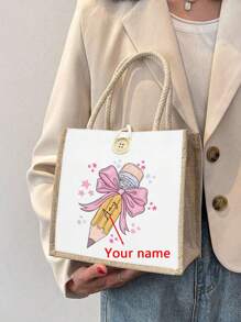 1pc Customized Bow Pencil Print Pattern Tote Bag, Reusable Printed Women'S Tote Bag, Double Handle Shopping School Bag, Large Capacity Shoulder Bag, Casual Tote Bag, Christmas Storage Bag, Suitable For Commuting, School And Shopping, Convenient For Outdoor Use, Gift For Friends And Besties, Perfect Choice For Vacation And Festival, Best Gifts To Girlfriend