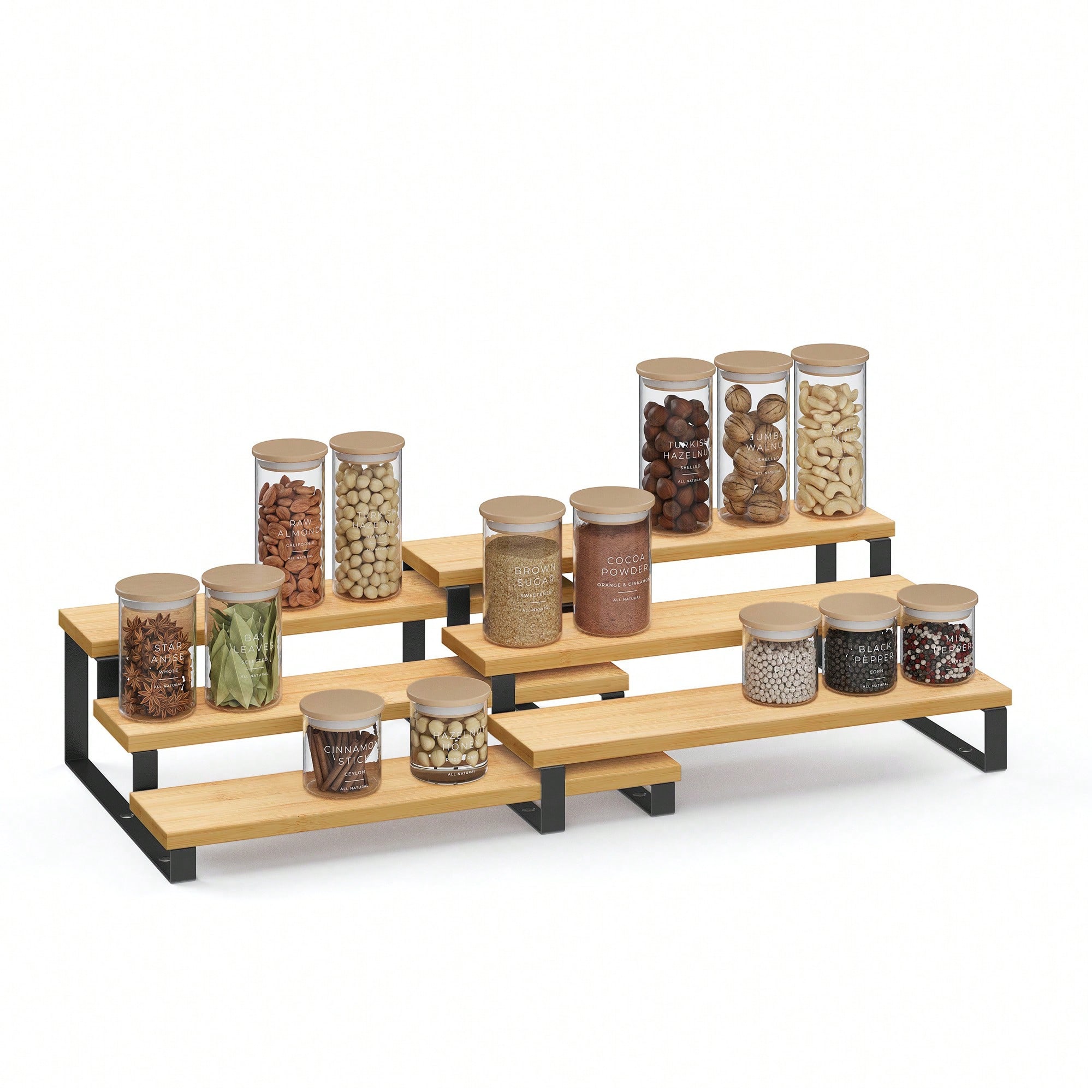 SONGMICS Spice Rack, Set Of 2 Cabinet Shelf Organisers, 3-Tier Extendable Spice Holder, Engineered Wood, Stackable, For Pantry, Cupboard, Countertop, Natural Beige And Ink Black