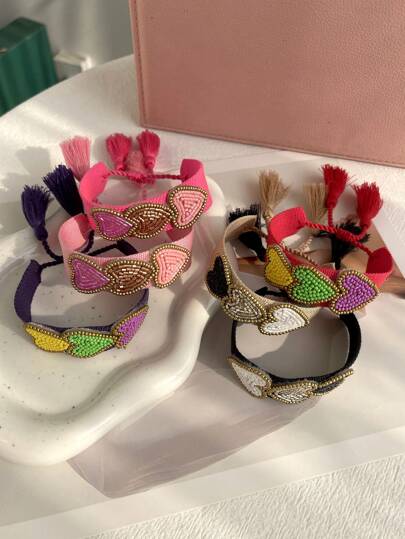 1条优雅甜美串珠心形编织流苏手链，红色，女士友情及情侣饰品礼物，适合情人节、日常约会、派对、节日佩戴，尺寸可调节