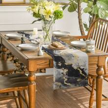 1 Pieza Camino de mesa de mármol con patrón de mármol de color azul, negro y dorado, estilo casa de campo, lavable, para uso interior y exterior, fiestas, cocina, mesa de comedor, sala de estar, mesa de centro, mesa rectangular, decoración de restaurante - oro negro - Ver 4