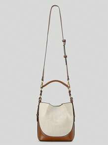Bolso de cubo de lona con paneles de moda, bolsos de mujer diseñador de lujo de piel de PU, bolsos de hombro y cruzados con correa ancha, bolsos de mano elegantes para damas