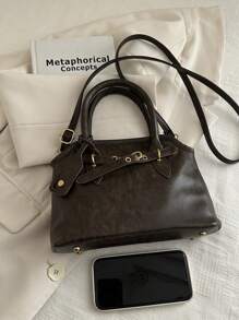 复古深咖啡色油皮女士手提包，贝壳形单肩斜挎包 - 咖啡棕 - 查看 7