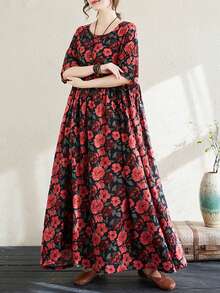 Topy, Topy, Czeskie Sukienki Damskie Casual, 2025 Lato Nowe Okrągłe Dekolty Nadruk Mankiety Luźne Przewiewne Spódnice, Casualowe Sukienki Na Plażę Z Krótkim Rękawem