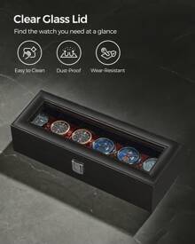 SONGMICS Watch Box With 6 Slots, Watch Case With Glass Lid, Watch Display Box With Removable Watch Pillows, Metal Clasp, Gift Idea, Black Synthetic Leather, Wine Red Lining - Red - View 2