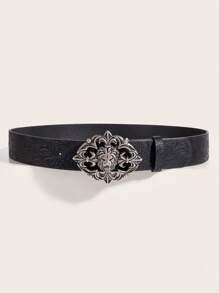 1pc Women's Vintage Metal Buckle Printed PU Waist Belt, Suitable For Western Cowboy Style Summer, School Fall, Autumn, Halloween - Black - View 2