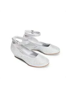 Girls Wedding Shoes | Dress Flats With Low Wedge Heel & Flower Ankle Strap For Toddler To Big Kid - Silver - View 5