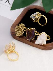 1pc CSJA Druzy Crystal Stone Ring For Women Girl Luxury Gold Color Asymmetric Natural Stone Rainbow Drusy Finger Ring Jewelry Valentine Gift H558