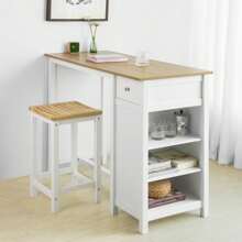 SoBuy FWT64-WN Bar Table, Kitchen Counter, Kitchen Bar Table With One Drawer And Three Shelves, Bistro Table, Kitchen Island, Counter Table, White-Natural, WDH: 120x90x55cm - White - View 3