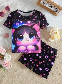Jonge meisjes zomer Glow in the Dark schattige kattenprint korte mouwen shorts pyjamaset (gloeit alleen onder UV-licht)