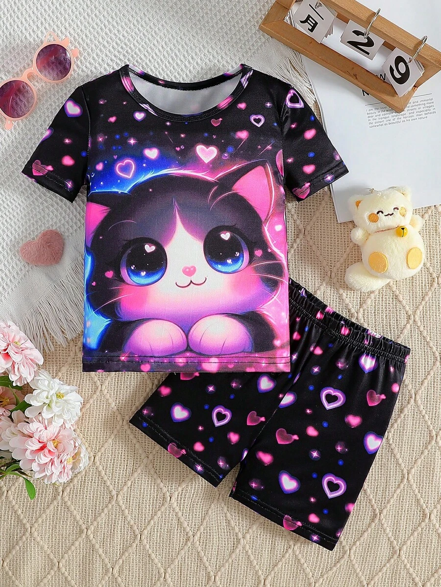 年轻女孩夏季夜光可爱猫咪印花短袖短裤睡衣套装（仅在紫外线下发光）