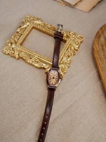 1 pieza Reloj de mujer vintage, elegante y casual, con correa color café, esfera con forma de barril y subreloj, estilo británico retro, reloj de cuarzo de lujo con cristales, para uso diario
