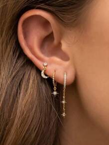 rakol 6pcs Set Elegant Shiny Copper-Tone Cubic Zirconia Star & Moon Earrings Set, Gift For Women - Style 1 - View 1