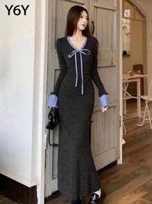 [Y6Y] 女士V领长袖连衣裙，系带领设计，撞色喇叭袖口，适合休闲穿着，春季优雅款 - 深灰色 - 查看 6