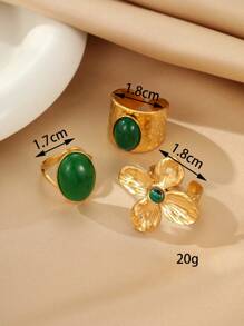 3 件不锈钢绿花宝石戒指套装，复古金色，适合女性日常佩戴或送礼 - 金黃色 - 查看 3