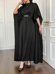 Women's Black Waist Pleated Cape Sleeve Arabic Abaya Dress - Black - View 4
