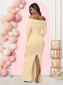 Maternity Long Sleeve Solid Color Off-Shoulder Dress For Baby Shower Photoshoot Party - 杏色 - 查看 2