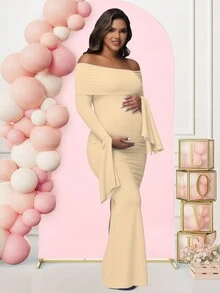 Maternity Long Sleeve Solid Color Off-Shoulder Dress For Baby Shower Photoshoot Party - 杏色 - 查看 4