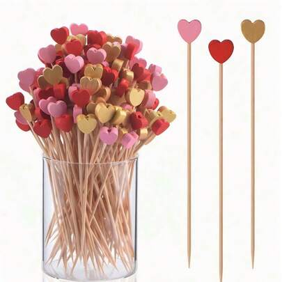100 支情人节心形一次性竹签，创意艺术鸡尾酒牙签三明治签水果签，适合节日派对用品