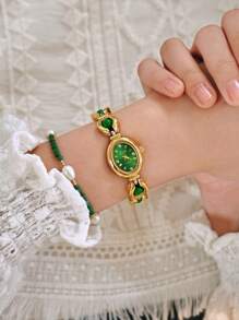 1 pieza Nuevo reloj de lujo de mujer elegante y vintage con incrustaciones de perlas y rhinestones. Esfera ovalada de nácar, resistente al agua 30m, adecuado para uso diario, fiestas, vacaciones, etc.