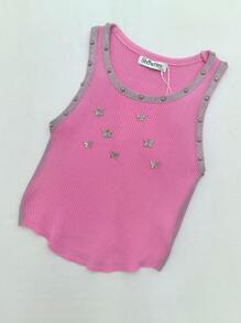 Round Neck Sleeveless Top With Butterfly Decoration